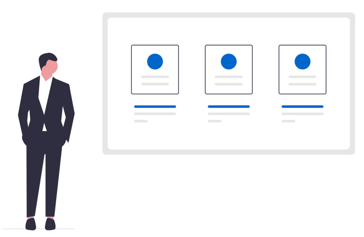 Vector illustration of founders presenting a startup pitch deck, representing Clarifi Strategy’s support for fundraising and investor communication.